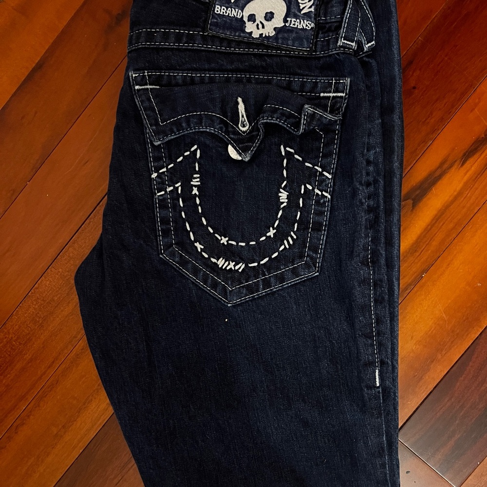 True Religion Jeans Mens 33 Dark Wash Flap Pocket White Stitch USA Made Straight